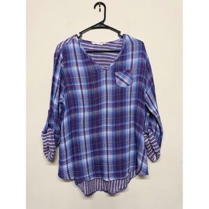 Soft Surroundings Plaid Tunic Top Purple Blue Roll Tab Sleeve V Neck Women M